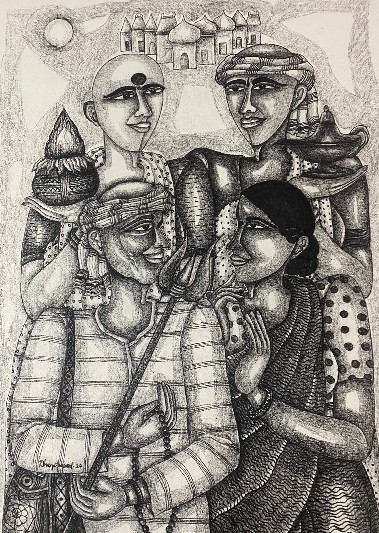 Back-from-Dharshan-38x27-Charcoal-Painting-IndiGalleria-IG1386