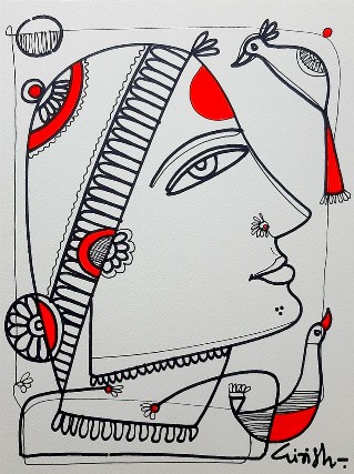 Lady-with-Bird-Acrylic-Painting-9x12-Girish-Adannavar-IndiGalleria-IG2220